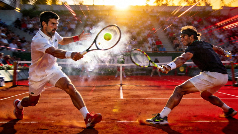 ATP网球大师赛德约科维奇与纳达尔在球场上进行精彩对决的瞬间